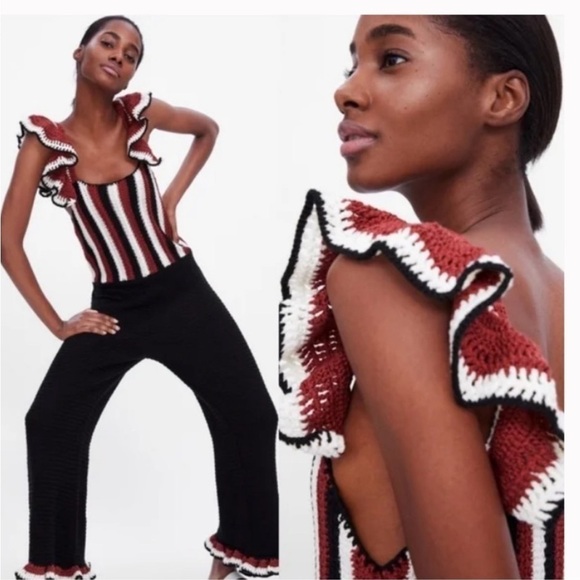 Zara Limited Edition Rust White Black Crocheted Ruffles Trim Striped Jum… - Picture 3 of 9